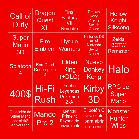 Nintendo Direct Nintendo Switch 2 Bingo Card