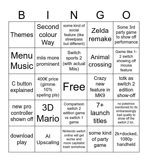 Switch 2 Direct Bingo Card
