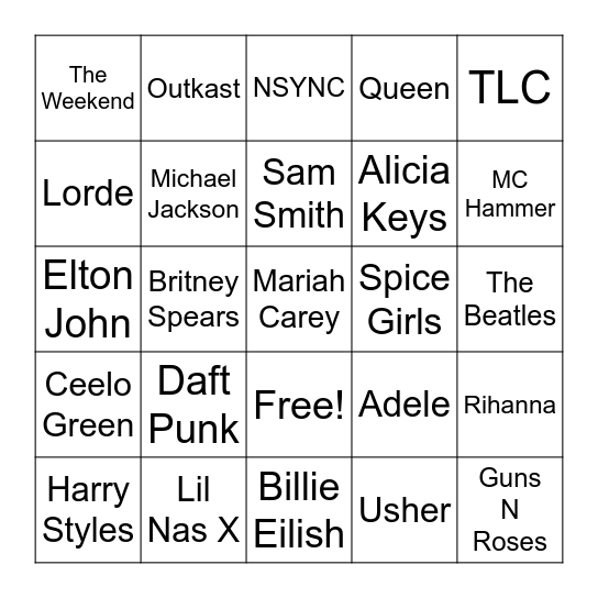 Music Artist Bingo Card