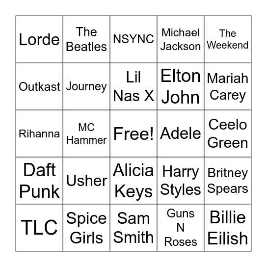 Music Artist Bingo Card
