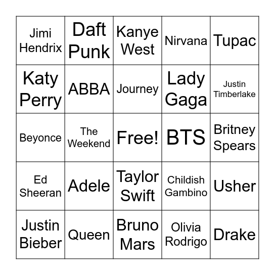 Music Artist Bingo Card