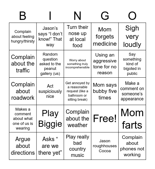Roadtrip Bingo Card