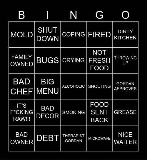 Kitchen Nightmares Bingo Card