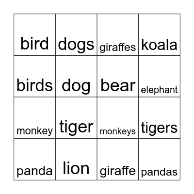 Singular and Plural Bingo Card