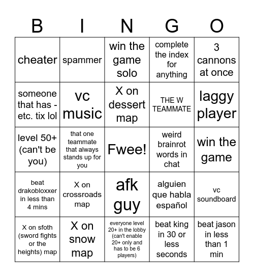 Roblox combat initiation bingo Card