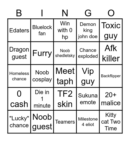 Forsaken Bingo Card