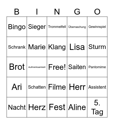Pantomime Bingo Card