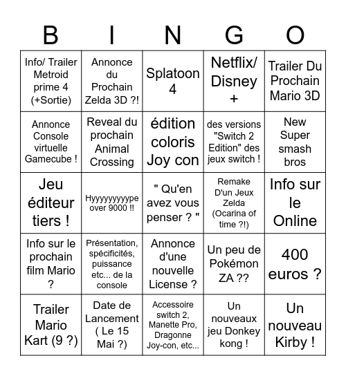 Présentation Switch 2 (2 Avril 2025) Bingo Card
