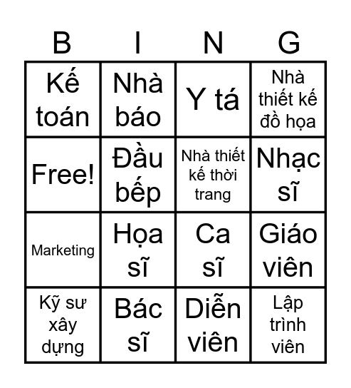 Bingo nghề nghiệp Bingo Card