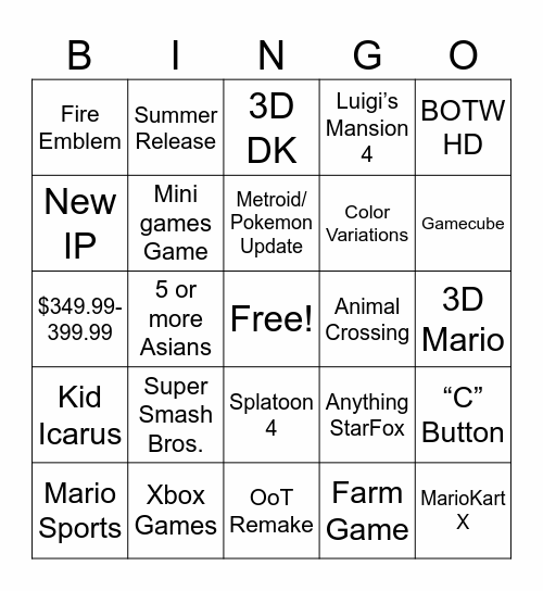 Switch 2 Bingo Card