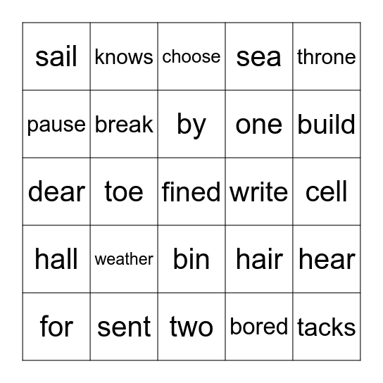 Homophone Icebreaker Bingo Card
