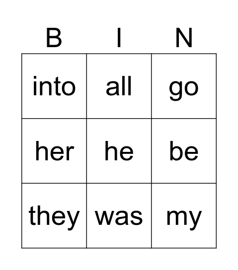 Tricky Words Bingo Card