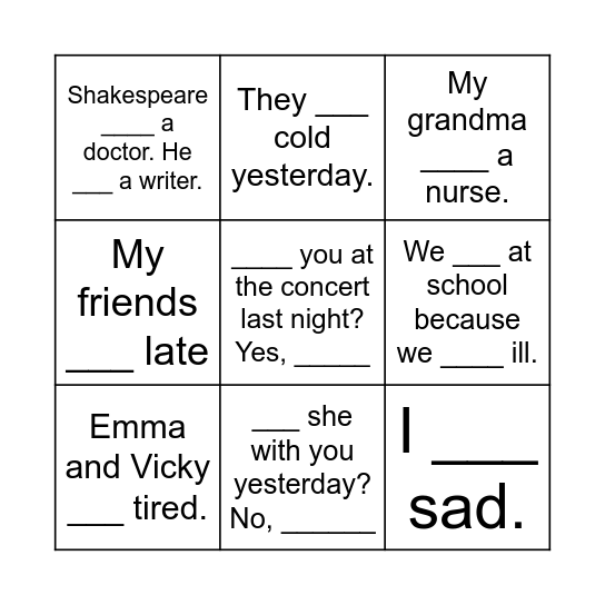 Bingo Was/Were Bingo Card