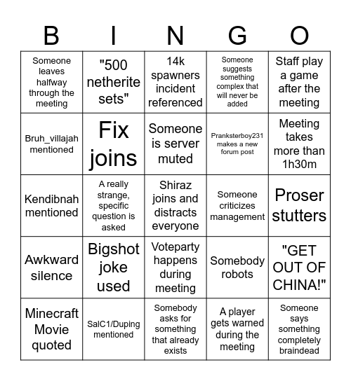 EarthMC Staff Meeting Bingo Card