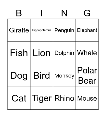 Animals Bingo Card