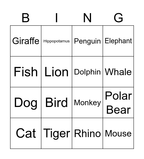 Animals Bingo Card