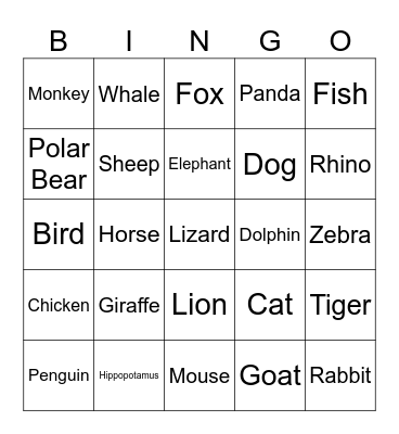 Animals Bingo Card
