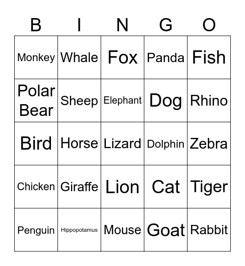 Animals Bingo Card