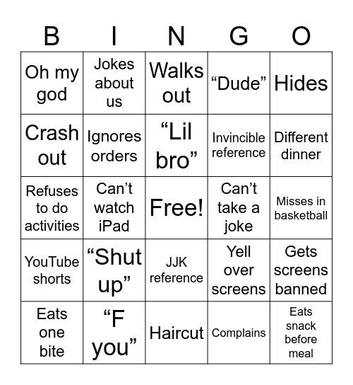 Carson Bingo Card