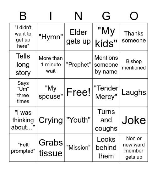 Fast Sunday Bingo Card