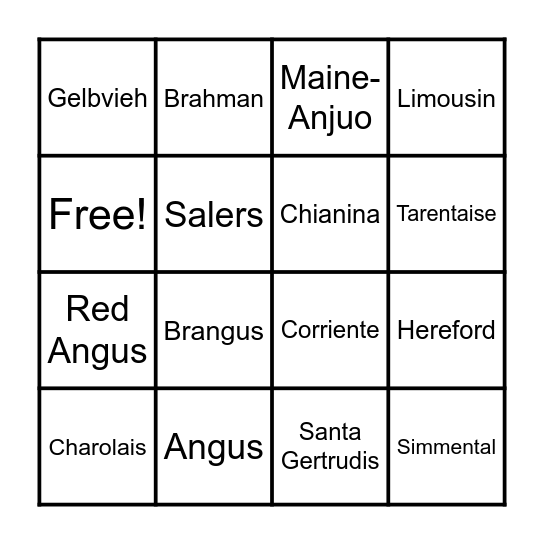 Bovine BINGO Card