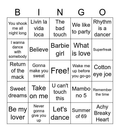 80s/90s  Dance Bingo Card
