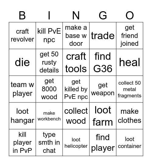 Roblox INBOUND SURVIVAL bingo card Bingo Card