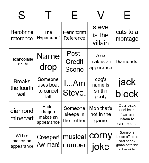 A Minecraft Movie Bingo Card