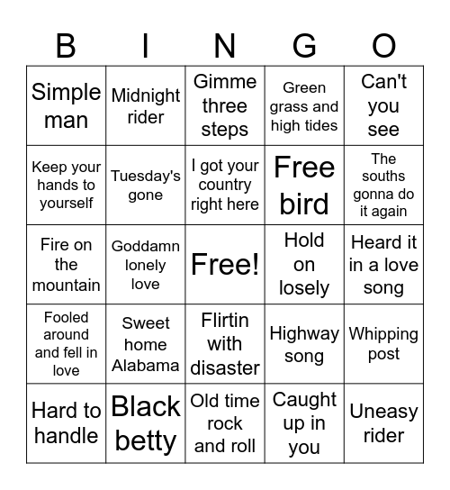 Southern Rock Bingo Card