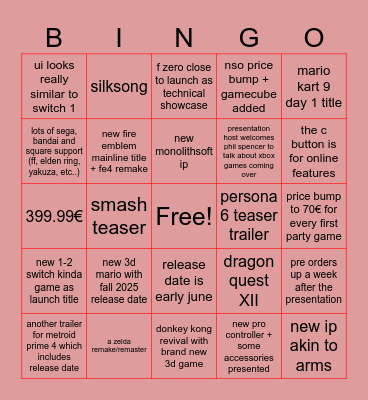 nintendo switch 2 direct predictions Bingo Card