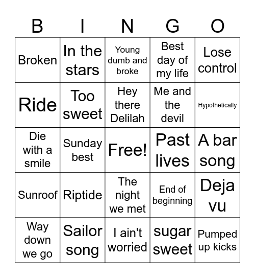 Zoey Play List Bingo Card