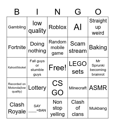 Youtube Shorts Livestreams Bingo Card
