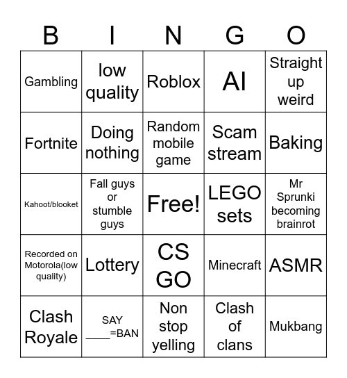 Youtube Shorts Livestreams Bingo Card