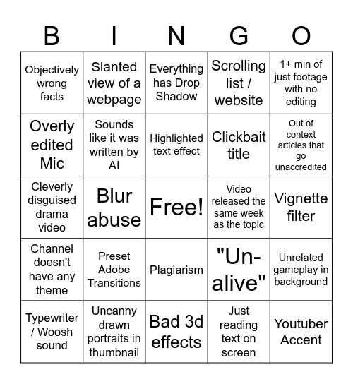 Shitty Video Essay Bingo Card