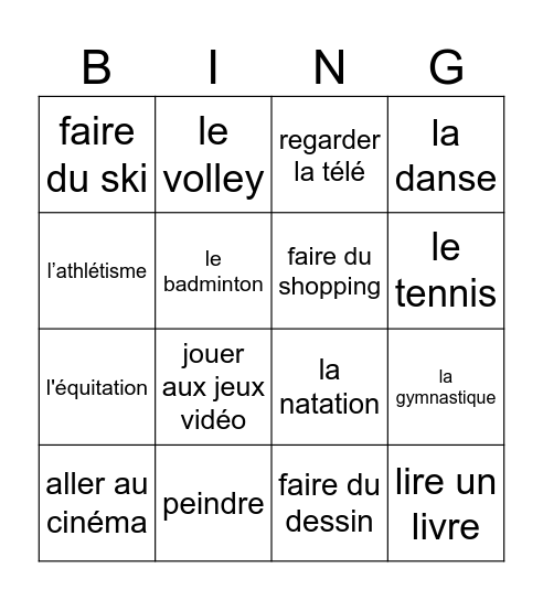 Les hobbies Bingo Card