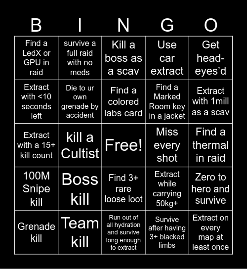 Escape From Tarkov Bingo Card