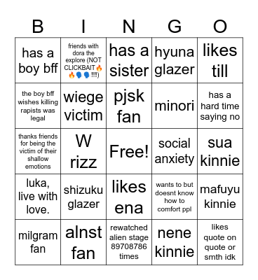 one of my friends u have to guess who it is Bingo Card