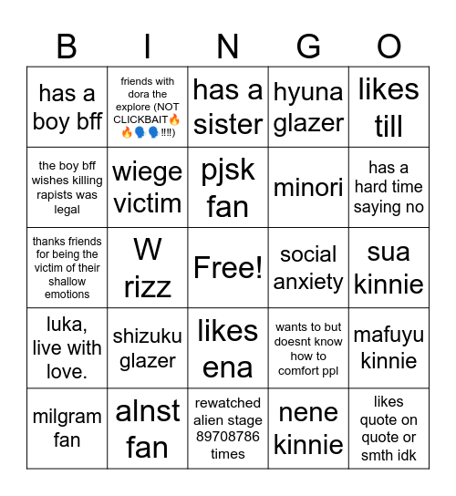 one of my friends u have to guess who it is Bingo Card