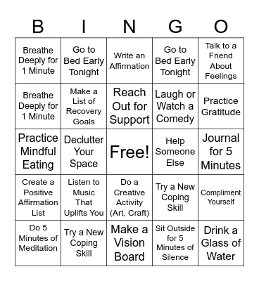 Recovery Bingo Card