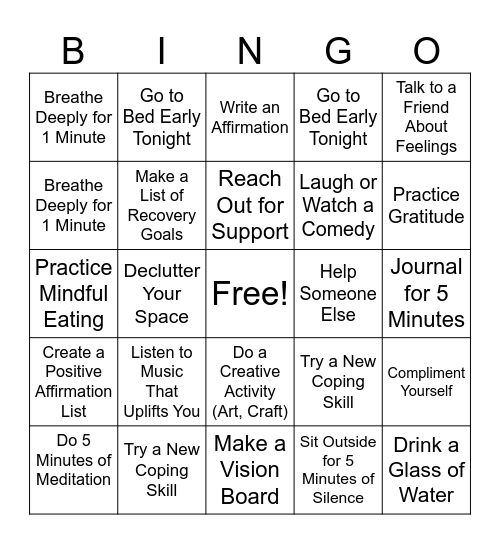 Recovery Bingo Card