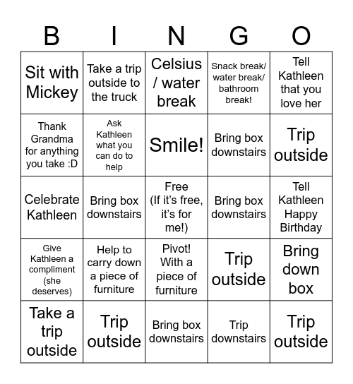 Kathleen’s Birthday/ Moving Furniture Day Bingo Card