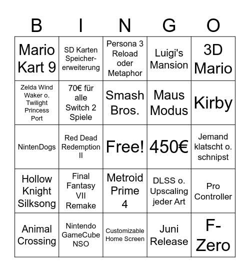 Switch 2 Bingo Card