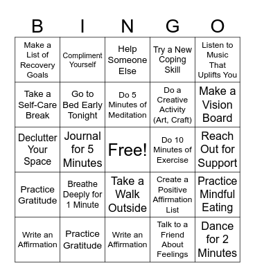 Recovery Bingo Card