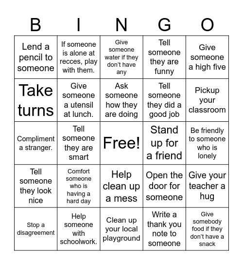 Kindness Bingo Card