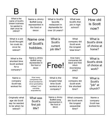 Retirement Bingo Card