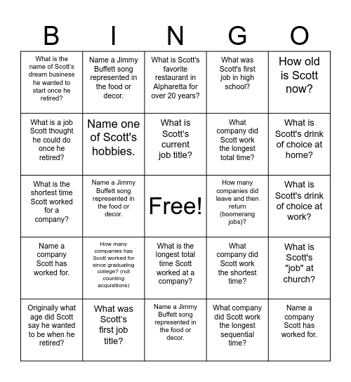 Retirement Bingo Card