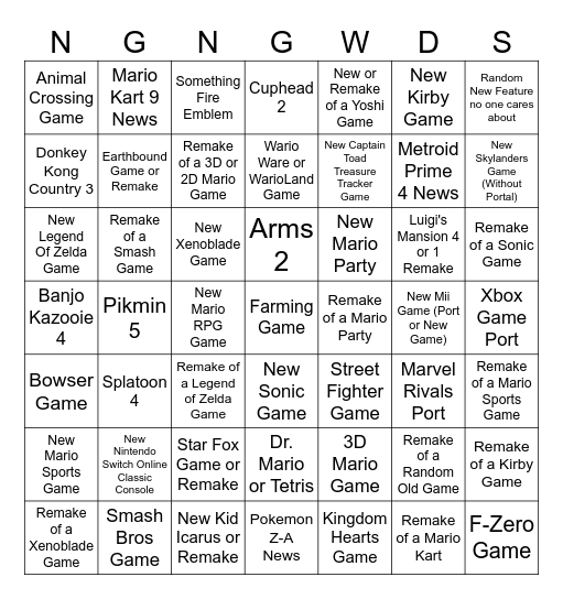 Nintendo Direct - Switch 2 - Bingo Card