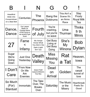 Fall Out Boy Setlist Bingo Card