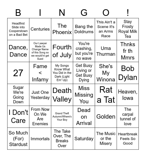 Fall Out Boy Setlist Bingo Card