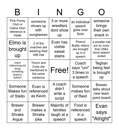 Wrestling Banquet Bingo Card